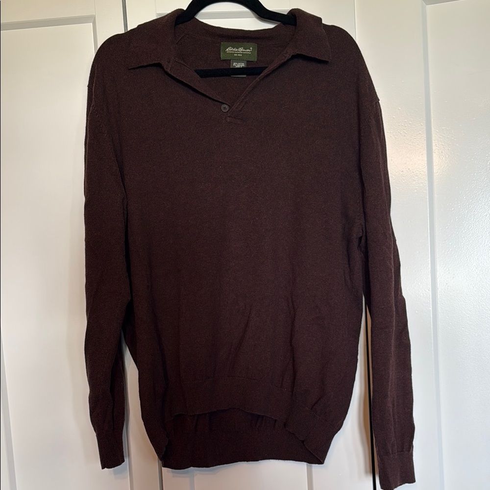 Eddie Bauer Brown 3 Button V-Neck Sweater Classic Knit